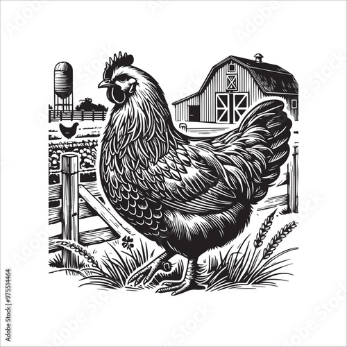 Chicken silhouette Clipart - chicken in a farmyard Vector illustration in black and white