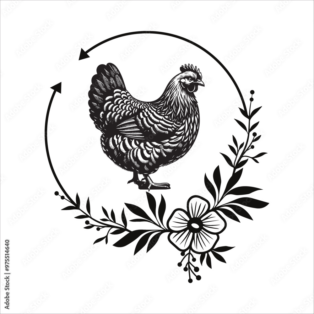 Flower Wreath with Chicken Vector illustration in black and white
Flower Wreath with Chicken Vector illustration in black and white