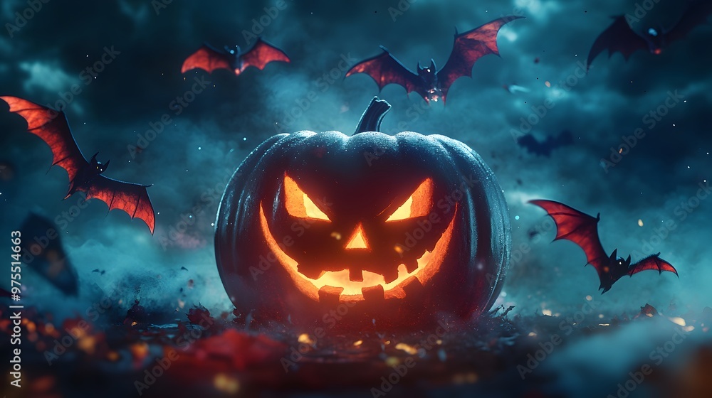 Naklejka premium A glowing pumpkin surrounded by floating bats, glowing with magic in the night sky, cool Halloween style