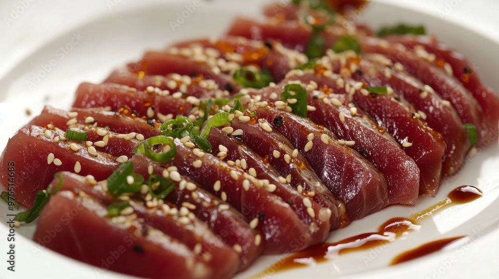 Thinly Sliced Tuna with Sesame Seeds on White Plate | Elegant Food Presentation -- 16:9 Thinly Sliced Tuna with Sesame Seeds on White Plate | Elegant Food Presentation -- 16:9