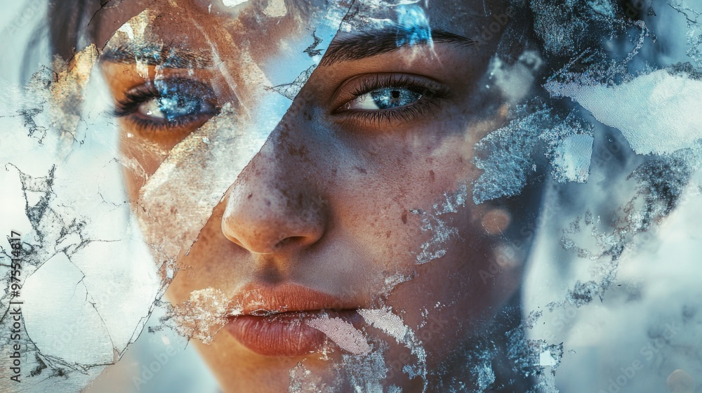 Mind's Fragmented Realm - Close-Up Portrait of Person Amid Shattered Reality Landscape with Floating Thoughts, Double Exposure Concept