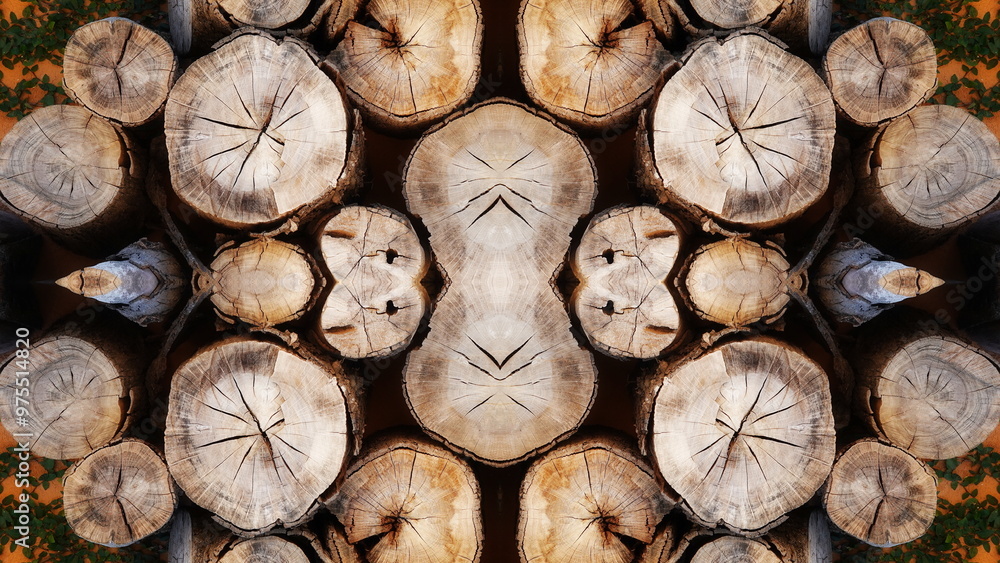 Stacked Wooden Logs Symmetrical Pattern Close-Up Natural Colors Stacked Wooden Logs Symmetrical Pattern Close-Up Natural Colors