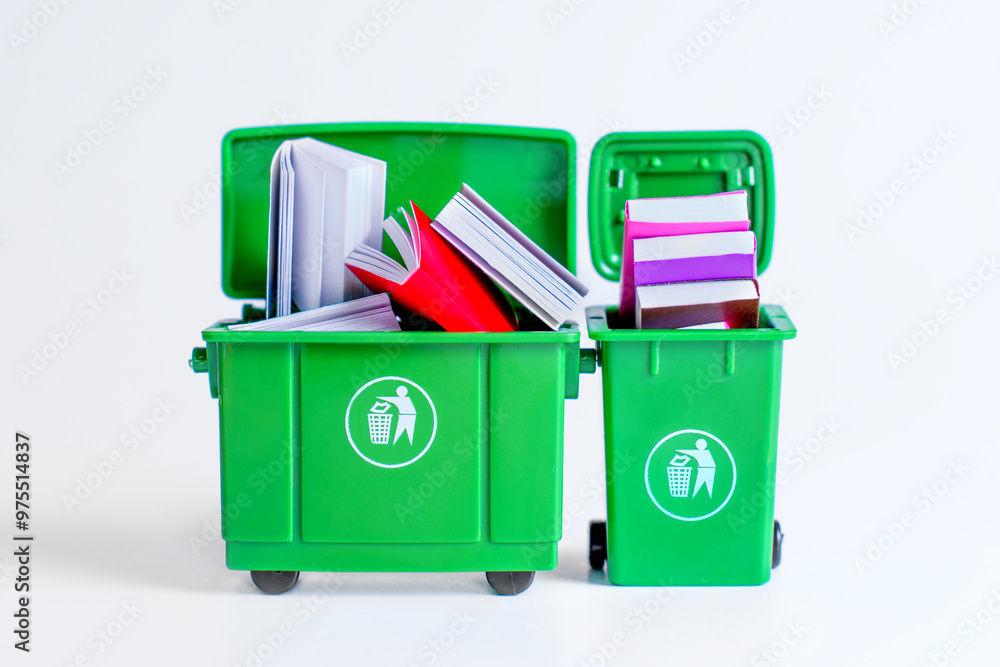 Green Recycling Bins Overflowing with Colorful Books and Papers Green Recycling Bins Overflowing with Colorful Books and Papers