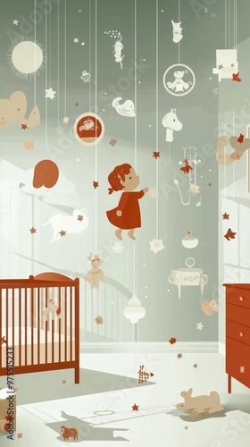 Whimsical illustration of a toddler girl in a soothing nursery filled with playful decorations.