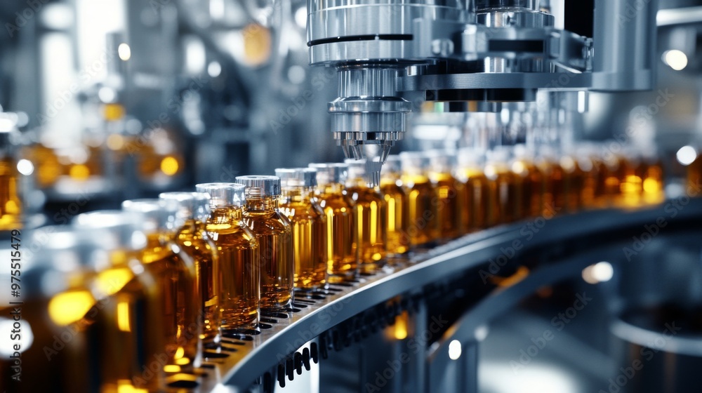 Modern automated factory assembly line for bottling beverages. Advanced industrial equipment and machinery emphasize efficiency, automation, and high-tech manufacturing processes in sterile Modern automated factory assembly line for bottling beverages. Advanced industrial equipment and machinery emphasize efficiency, automation, and high-tech manufacturing processes in sterile