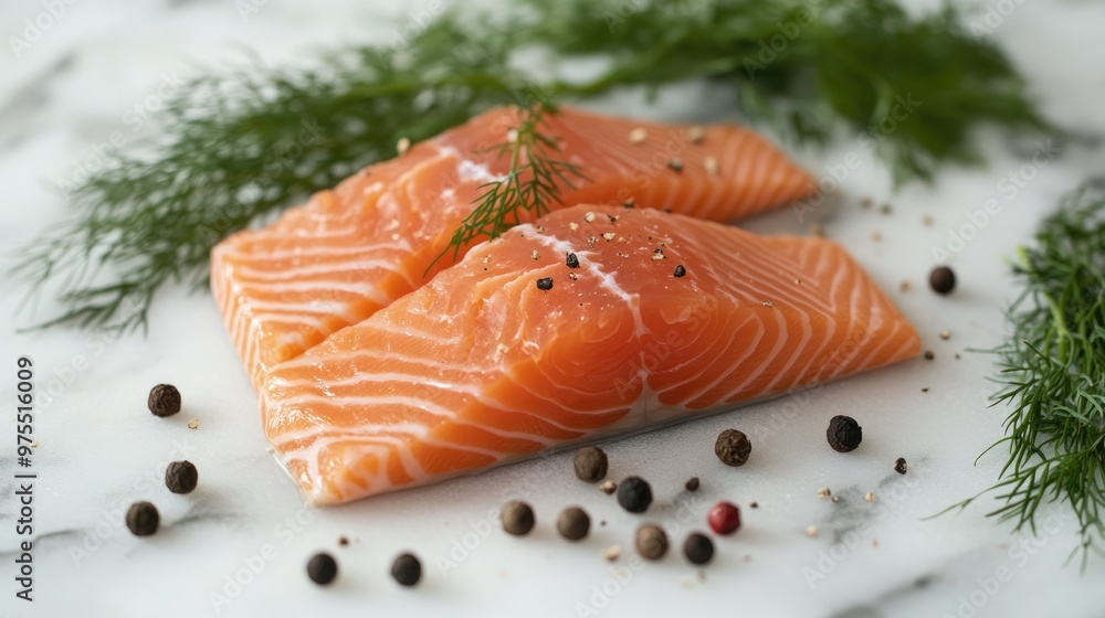 Raw salmon fillet arranged with fresh dill and whole peppercorns, presented in a simple, clean style on a kitchen counter. Raw salmon fillet arranged with fresh dill and whole peppercorns, presented in a simple, clean style on a kitchen counter.