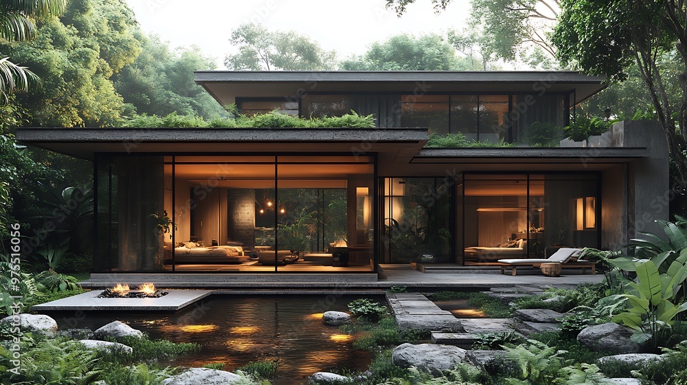 Modern house with a green roof, large windows, and a pond in front of it, surrounded by lush greenery. Modern house with a green roof, large windows, and a pond in front of it, surrounded by lush greenery.