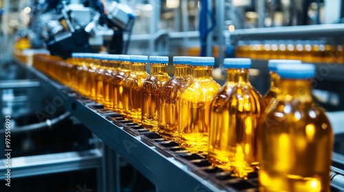 Modern automated factory assembly line for bottling beverages. Advanced industrial equipment and machinery emphasize efficiency, automation, and high-tech manufacturing processes in sterile