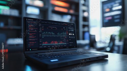 A laptop computer is open to a screen displaying a graph of stock prices. The laptop is on a desk in front of a bookshelf