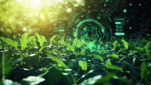 Weeds surrounded by holographic agricultural technology icons, futuristic control interface hovering above, AI data stream overlay, neon green light, digital illustration, futuristic photo