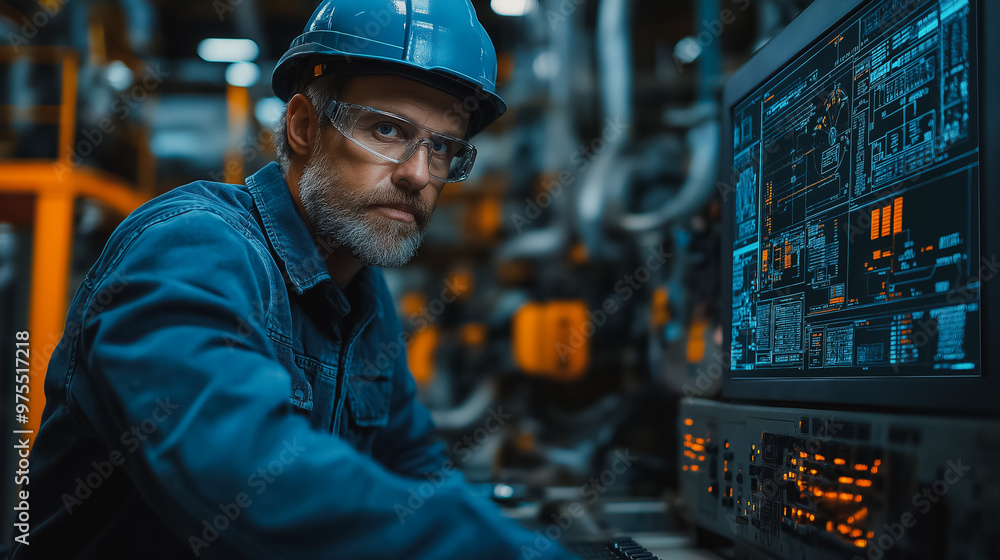 A man wearing a blue shirt and a hard hat is looking at a computer screen. He is focused on the screen, possibly working on a project or analyzing data A man wearing a blue shirt and a hard hat is looking at a computer screen. He is focused on the screen, possibly working on a project or analyzing data