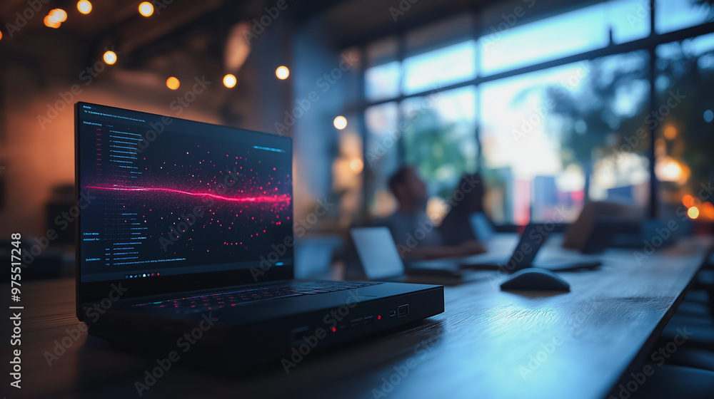 A laptop is on a table in front of a window. The laptop screen is displaying a graph with red lines. The room is dimly lit, and there are several people sitting at the table. Scene is somewhat serious A laptop is on a table in front of a window. The laptop screen is displaying a graph with red lines. The room is dimly lit, and there are several people sitting at the table. Scene is somewhat serious