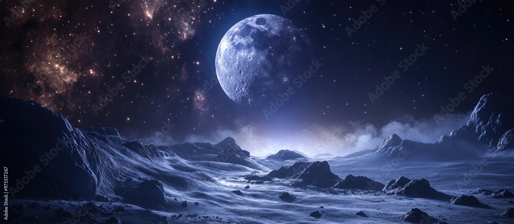 Moonlit scene with celestial elements featuring a 3D rendering of the moon and surrounding space Moonlit scene with celestial elements featuring a 3D rendering of the moon and surrounding space