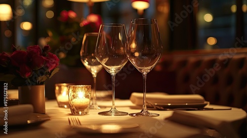 Romantic dinner table setting with candles and wine glasses.