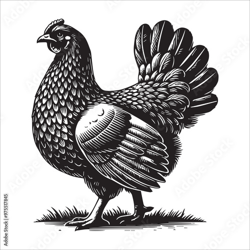 Hen silhouette Clipart - Marans Chicken Vector illustration in black and white
