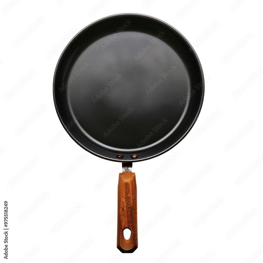Transparent A black pan with a wooden handle sits on a white background Transparent A black pan with a wooden handle sits on a white background