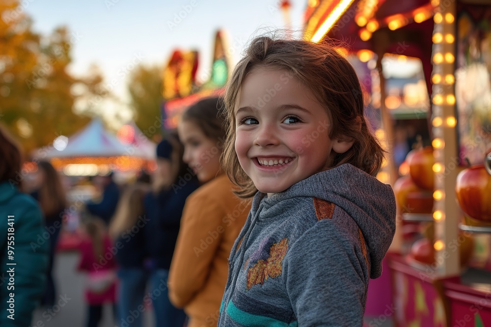 Fototapeta premium Joyful girl smiling at funfair with lights and rides