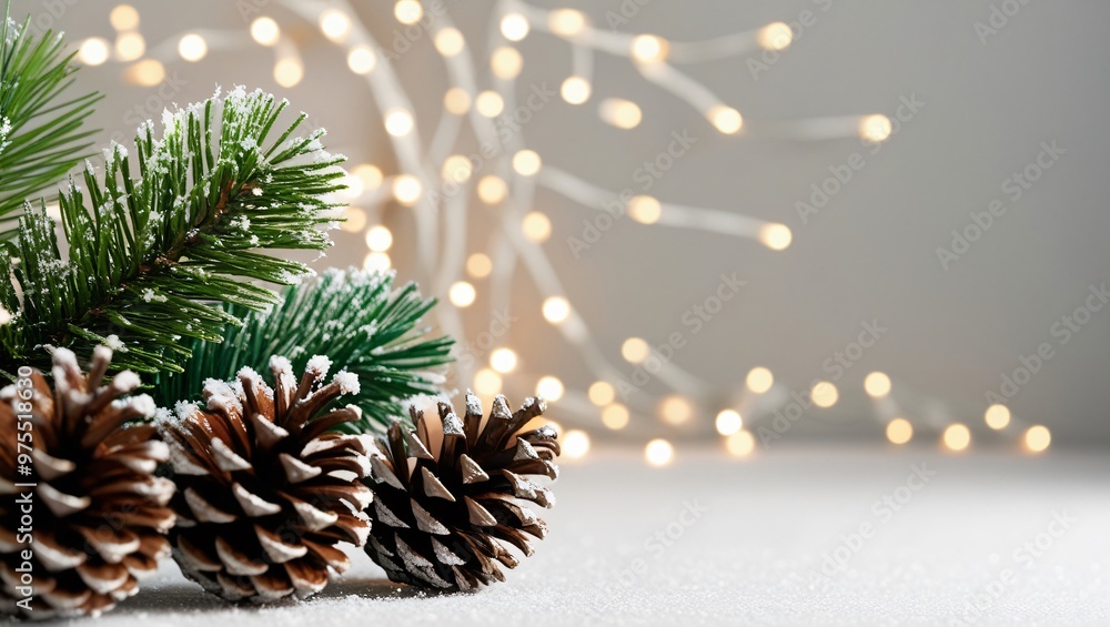 Festive close-up of pinecones dusted with snow, green pine branches, and warm white fairy lights on a white surface. Cozy holiday scene with soft glow, generative ai Festive close-up of pinecones dusted with snow, green pine branches, and warm white fairy lights on a white surface. Cozy holiday scene with soft glow, generative ai