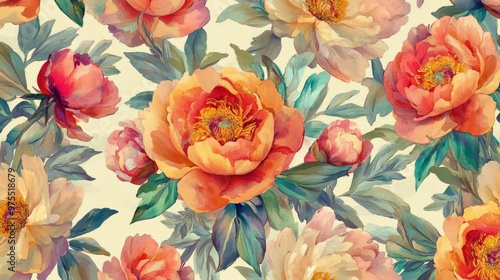 Seamless pattern with watercolor painting of pink and yellow peonies.