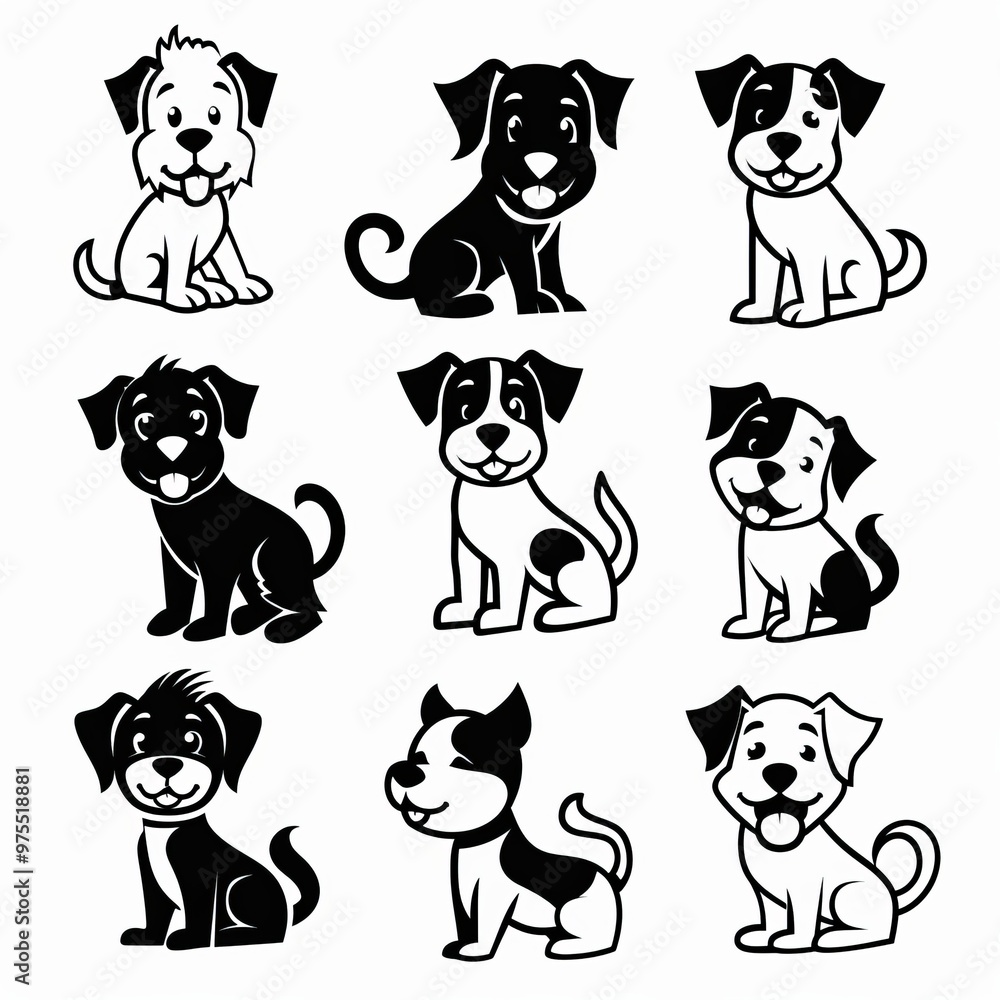 Cute dog icon set, pet animal flat silhouette, puppy icons, funny dog character pictogram, minimal woof sign Cute dog icon set, pet animal flat silhouette, puppy icons, funny dog character pictogram, minimal woof sign