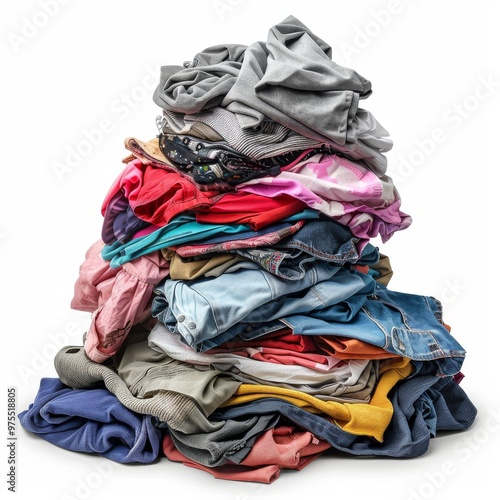 Laundry pile, dirty clothes heap isolated, dirty laundry clothing pile on white background