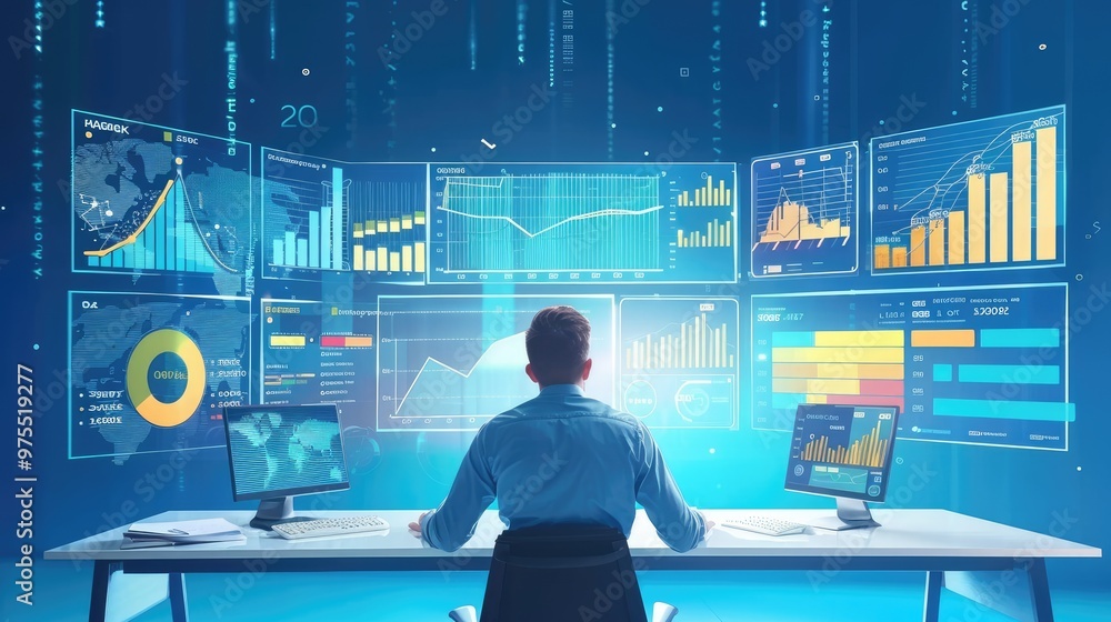 A businessman sits in front of multiple computer screens displaying charts and graphs, representing data analysis and digital business intelligence. A businessman sits in front of multiple computer screens displaying charts and graphs, representing data analysis and digital business intelligence.