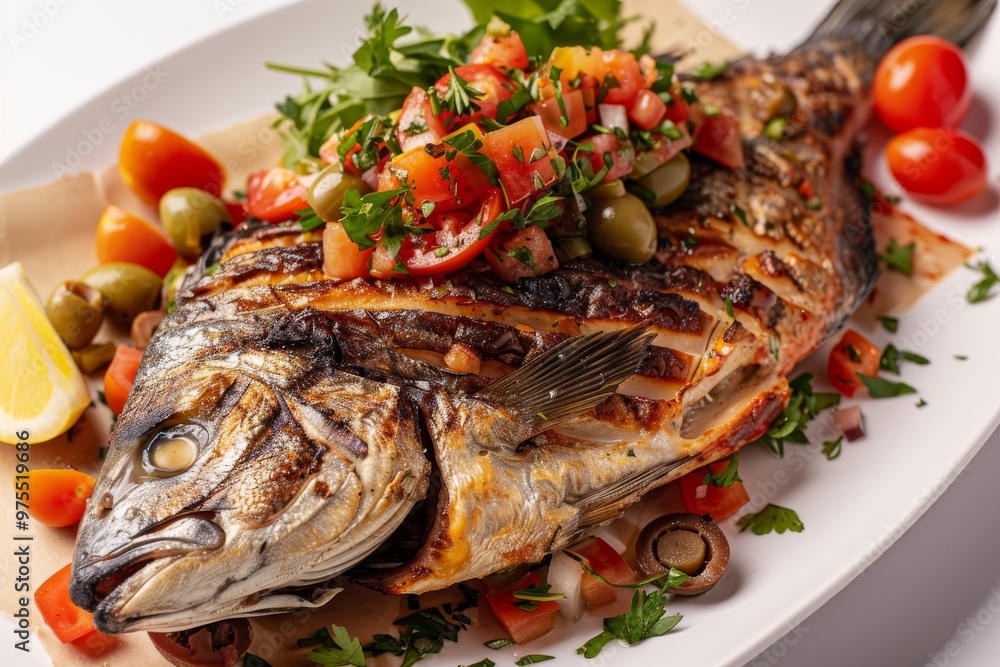 Dorado Baked with Tomato Salsa, Greens and Olives, Whole Grilled Sea Bream Fish on Rustic Paper Dorado Baked with Tomato Salsa, Greens and Olives, Whole Grilled Sea Bream Fish on Rustic Paper