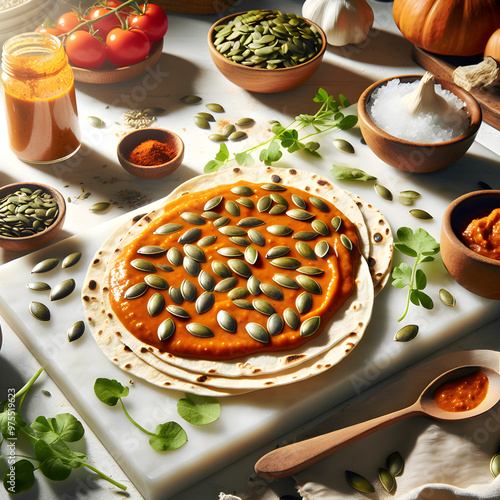 Papadzules Pumpkin Seed Sauce on Tortillas photo