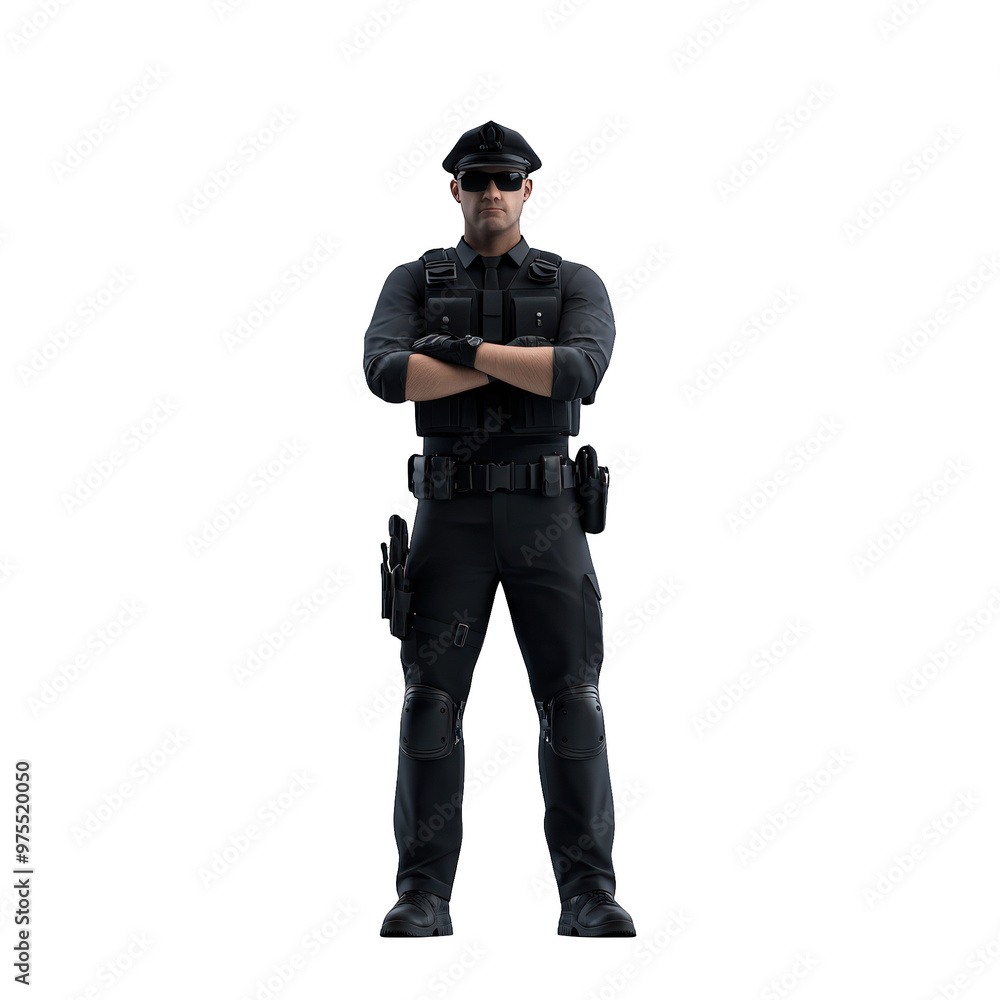 A strong and confident security officer stands with arms crossed, showcasing authority and professionalism in a sleek black uniform. transparent background A strong and confident security officer stands with arms crossed, showcasing authority and professionalism in a sleek black uniform. transparent background