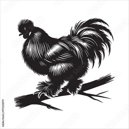 Hen silhouette Clipart - Silkie chicken perched on a branch Vector illustration in black and white