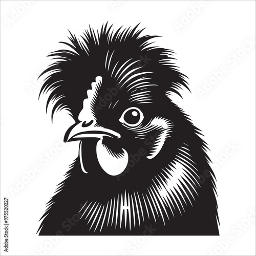 Hen silhouette Clipart - Silkie chickens face Vector illustration in black and white