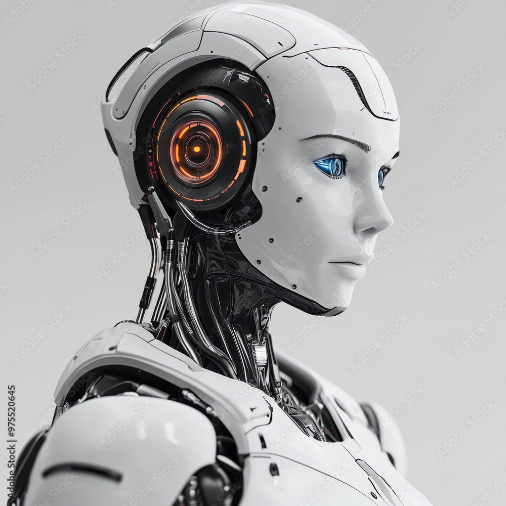 The image shows a futuristic humanoid robot with a sleek white exterior, mechanical components exposed around the neck