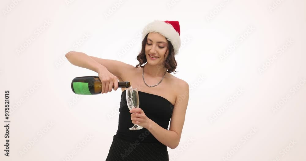 Young woman wearing Santa hat pours champagne from bottle into wineglass on white background. Cheerful female prepares beverage for celebrating Christmas Young woman wearing Santa hat pours champagne from bottle into wineglass on white background. Cheerful female prepares beverage for celebrating Christmas