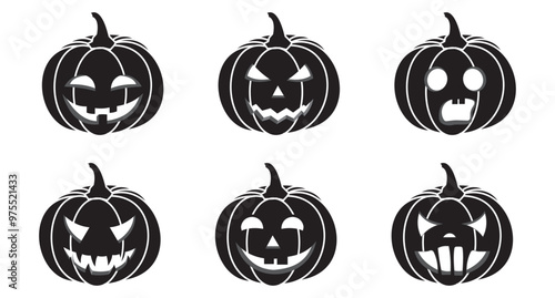 Halloween pumpkins vector, icon, silhouette set. Set of Halloween pumpkins icon, symbol. Horror symbol with smile, happy and sad face.  Evil scary smile symbol. vector illustration. set of vegetables
