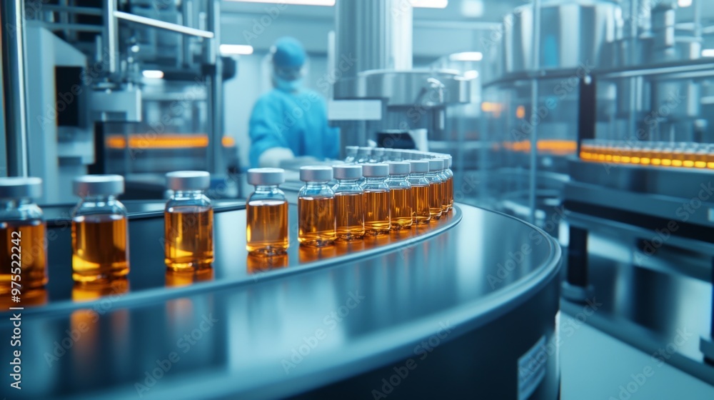 Fototapeta premium Pharmaceutical factory with automated machinery for production of medical supplies. Vaccine bottling process inside a high-tech lab