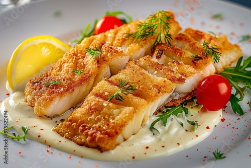 White Fish Fillet, Breaded Pike Perch, Zander Fillet with Cream Sauce Closeup, Restaurant Main Course photo