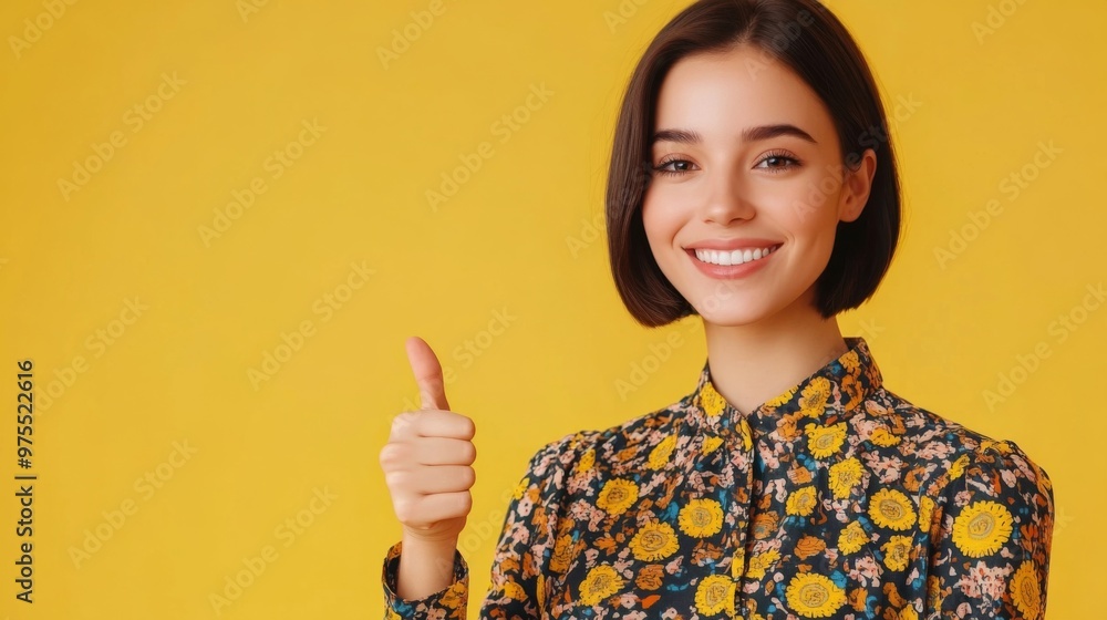 Photo of optimistic positive woman with bob hair dressed print blouse showing thumb up approve isolated on yellow color background Photo of optimistic positive woman with bob hair dressed print blouse showing thumb up approve isolated on yellow color background
