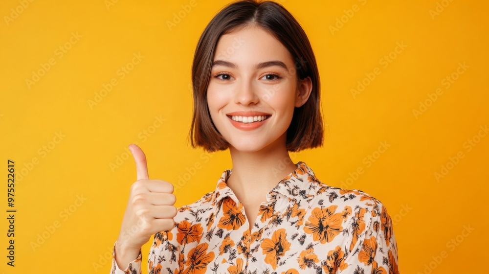 Photo of optimistic positive woman with bob hair dressed print blouse showing thumb up approve isolated on yellow color background Photo of optimistic positive woman with bob hair dressed print blouse showing thumb up approve isolated on yellow color background