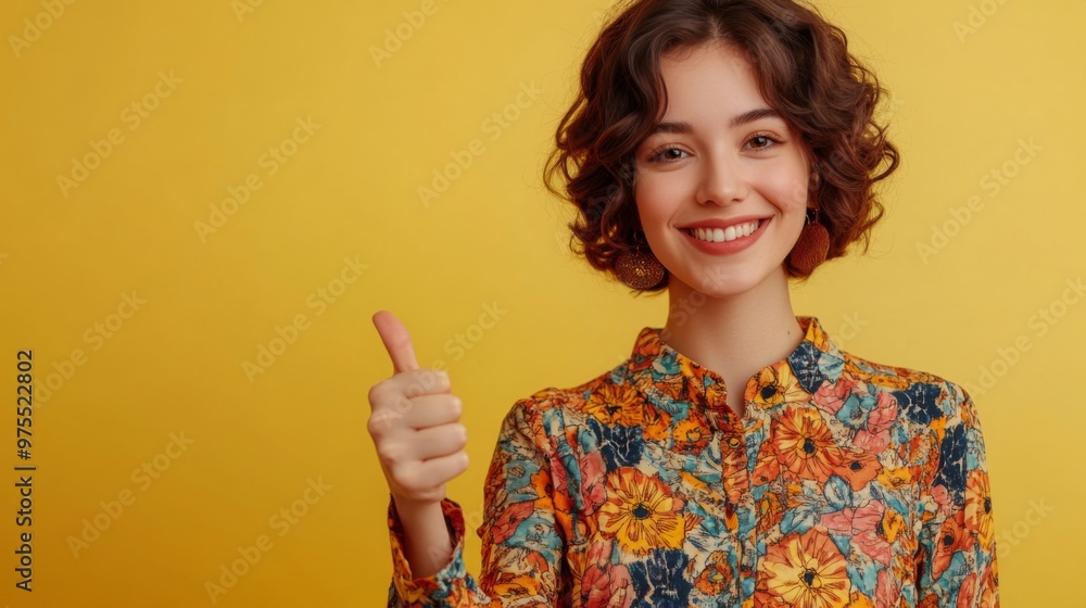 Photo of optimistic positive woman with bob hair dressed print blouse showing thumb up approve isolated on yellow color background Photo of optimistic positive woman with bob hair dressed print blouse showing thumb up approve isolated on yellow color background