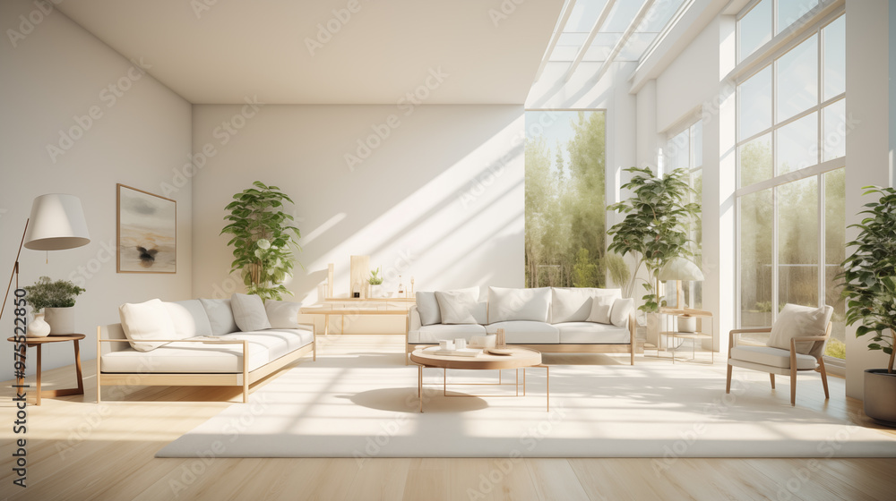 Fototapeta premium Modern, elegant and spacious home white interior with living room, sunlight.