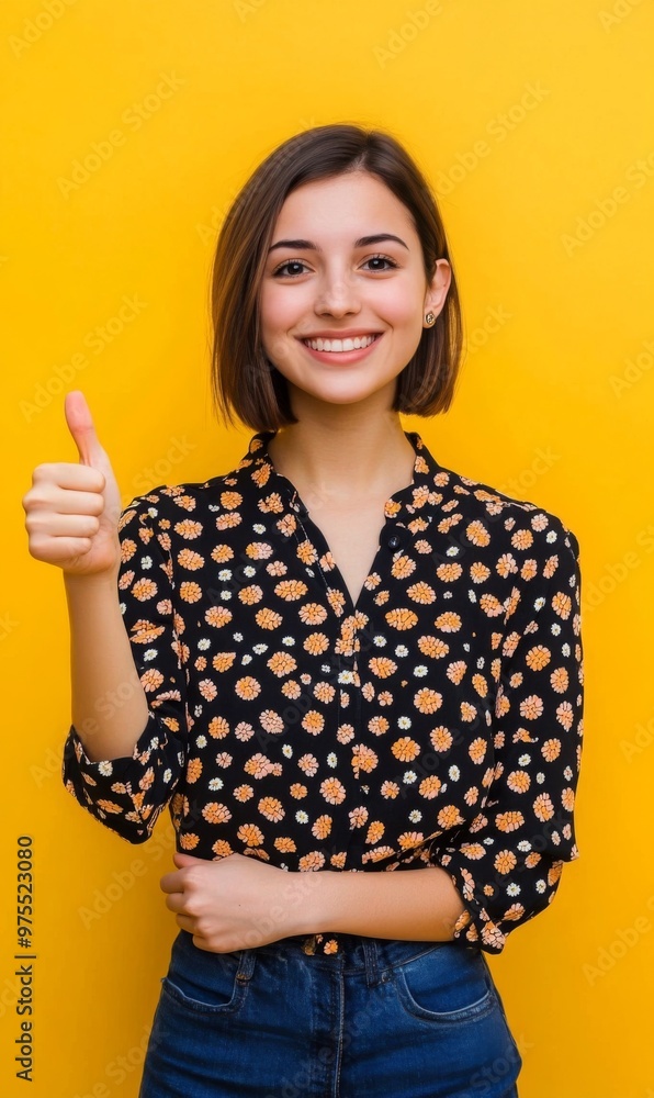 Photo of optimistic positive woman with bob hair dressed print blouse showing thumb up approve isolated on yellow color background Photo of optimistic positive woman with bob hair dressed print blouse showing thumb up approve isolated on yellow color background
