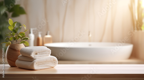 Wooden tabletop, empty podium product display, over blurred bathroom background with white bath, shampoo, towels, light from the window.