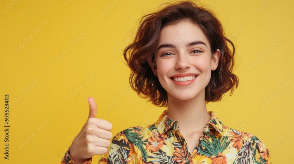 Photo of optimistic positive woman with bob hair dressed print blouse showing thumb up approve isolated on yellow color background Photo of optimistic positive woman with bob hair dressed print blouse showing thumb up approve isolated on yellow color background