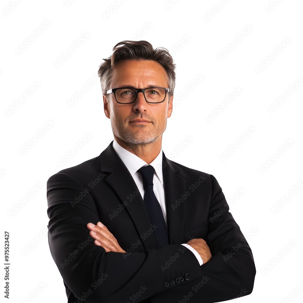 Confident businessman in a black suit with glasses, arms crossed, projecting professionalism and leadership. transparent background Confident businessman in a black suit with glasses, arms crossed, projecting professionalism and leadership. transparent background