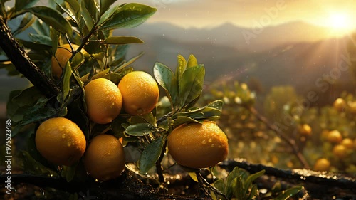 Video recreation of lemons in a branch with drops water outdoor at sunset