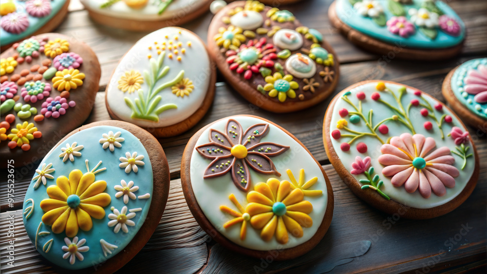 Fototapeta premium Beautifully decorated Easter cookies featuring floral designs arranged on a wooden table