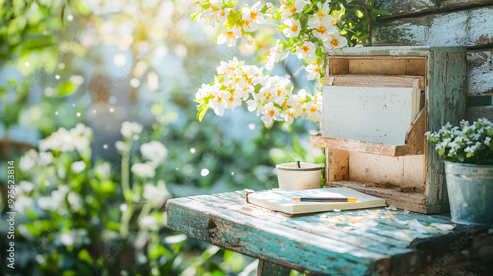 A wooden desk with a white box on it and a notebook A wooden desk with a white box on it and a notebook