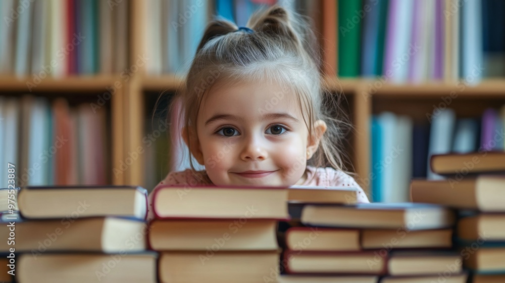 Photo portrait of small cute daughter peek books library interesting reading shelf remote education home schooling isolated indoors Photo portrait of small cute daughter peek books library interesting reading shelf remote education home schooling isolated indoors