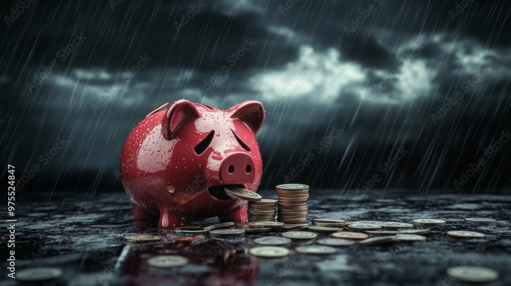 Piggy bank in the shape of a broken piggy bank, looking sad with dollar ...