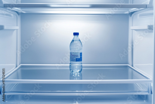 Water Bottle in Empty Fridge, Fasting Concept, Minimalist Design photo